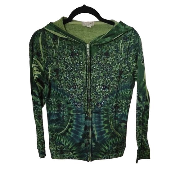 Live and Let Live Green Rhinestone Artsy Boho Zip Hoodie Sweatshirt Womans Small - Picture 1 of 5